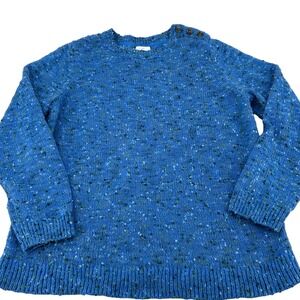 J Jill Wms Blue Speckled Knit Sweater Button Shoulder Long Sleeve Colorful L